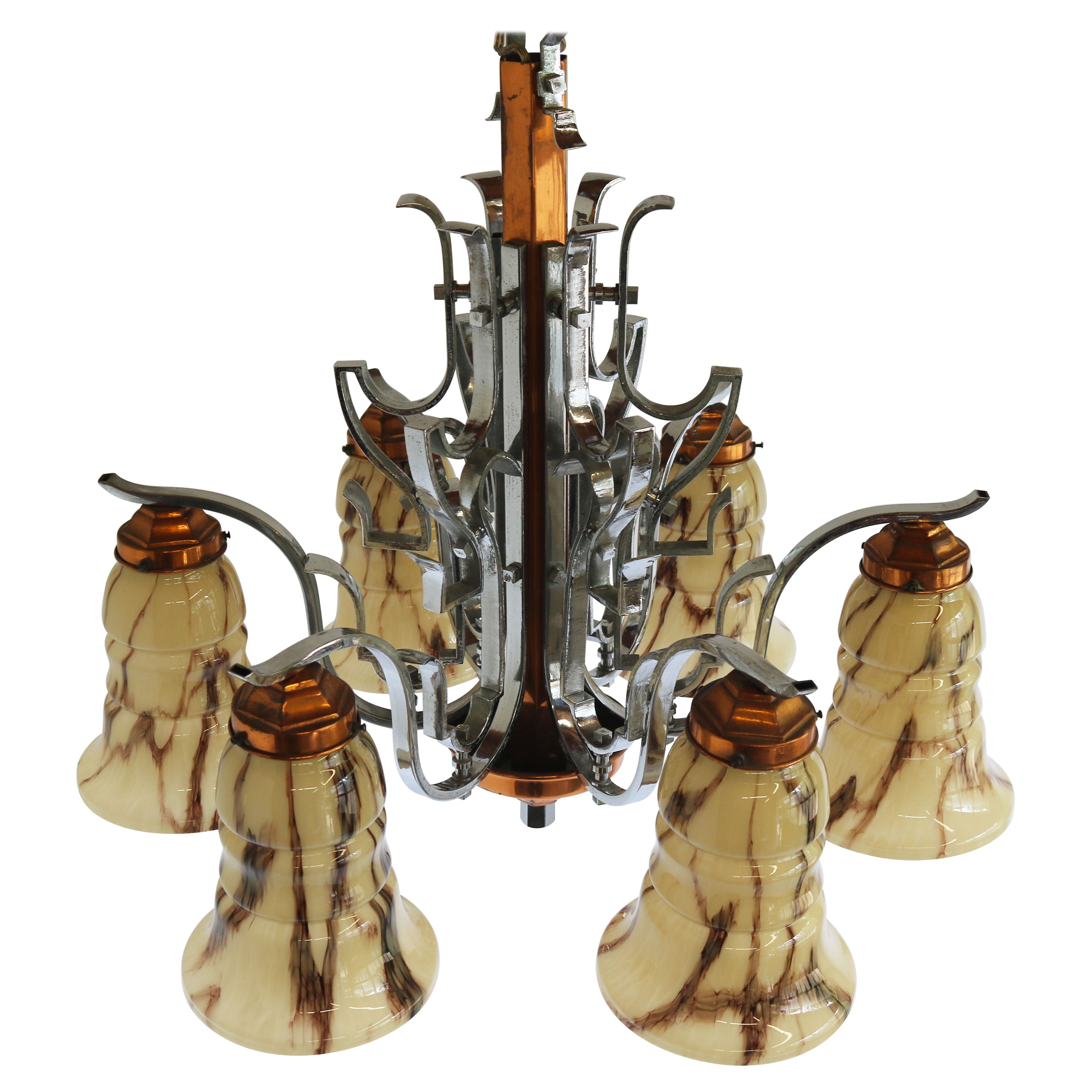 Antique French Art Deco Chandelier 1930 Copper Chrome & Marbled Glass 6 Lights For Sale