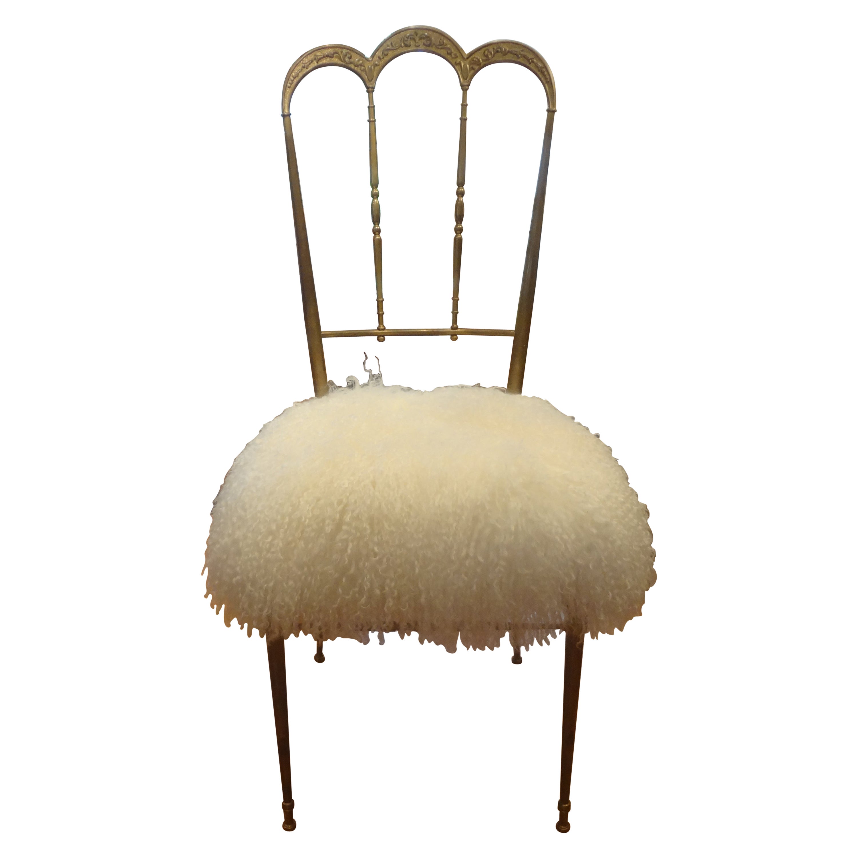 Vintage Italian Brass Chiavari Chair Upholstered in Mongolian Lambs Wool