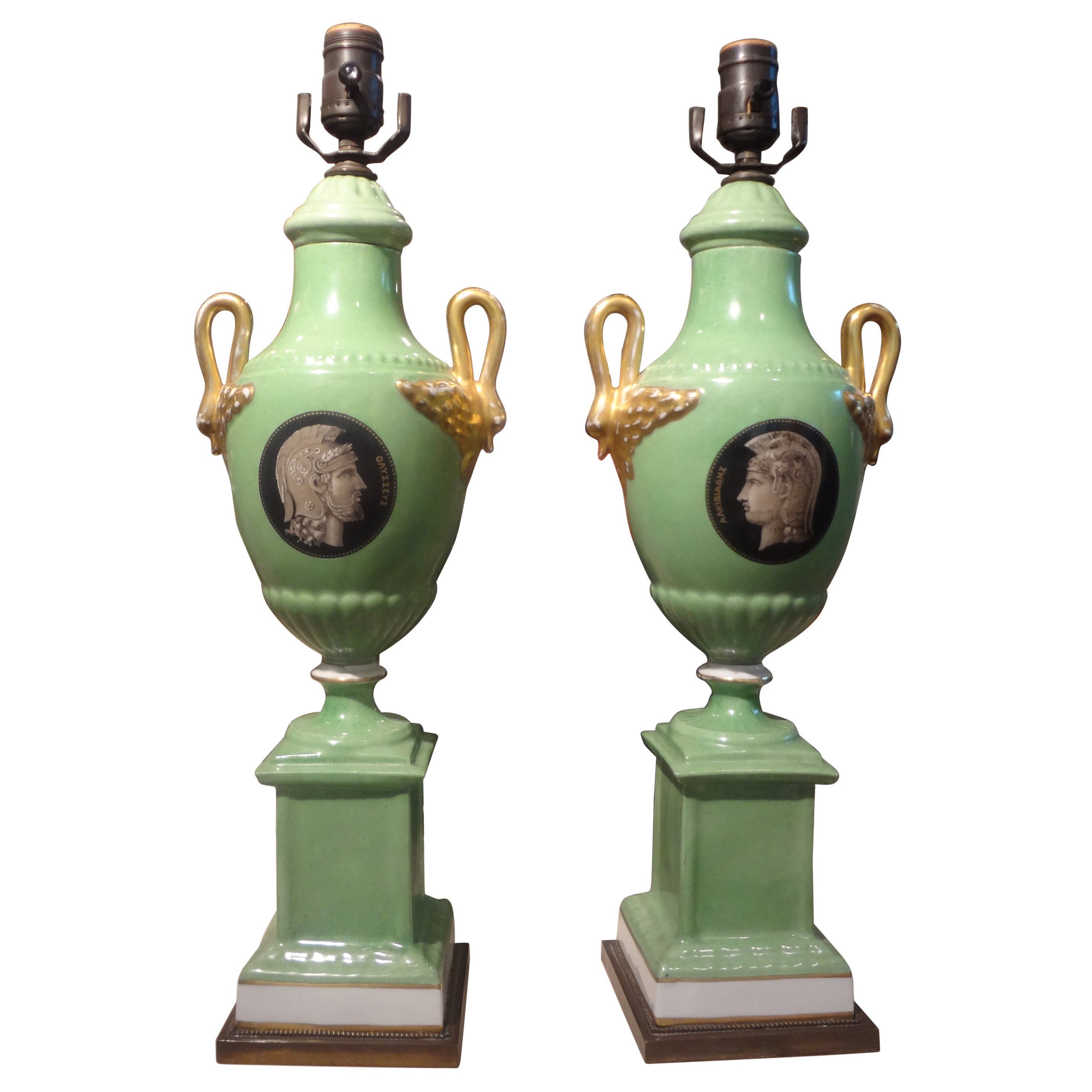 Pair of Italian Neoclassical Style Porcelain Lamps