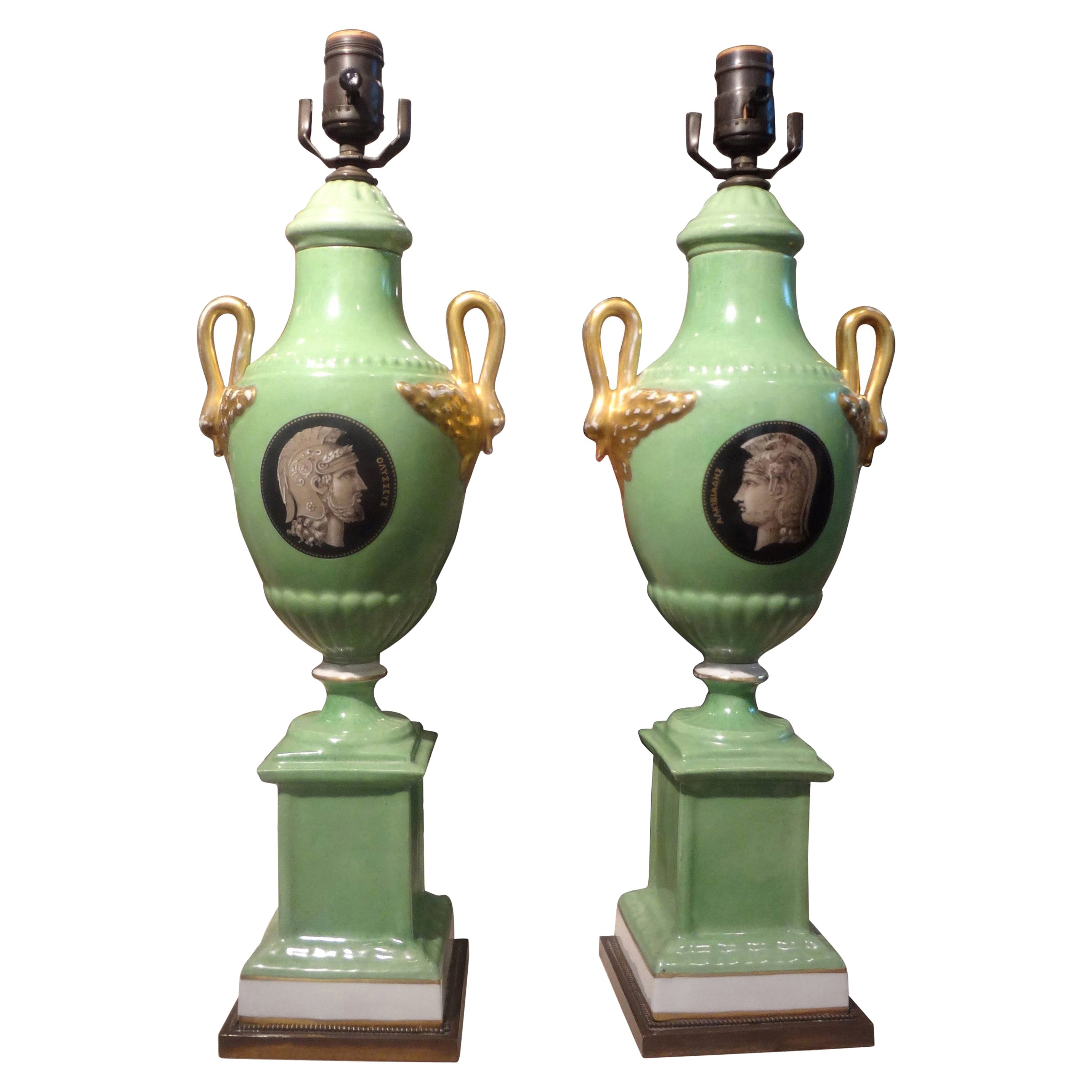 Pair of Italian Neoclassical Style Porcelain Lamps For Sale