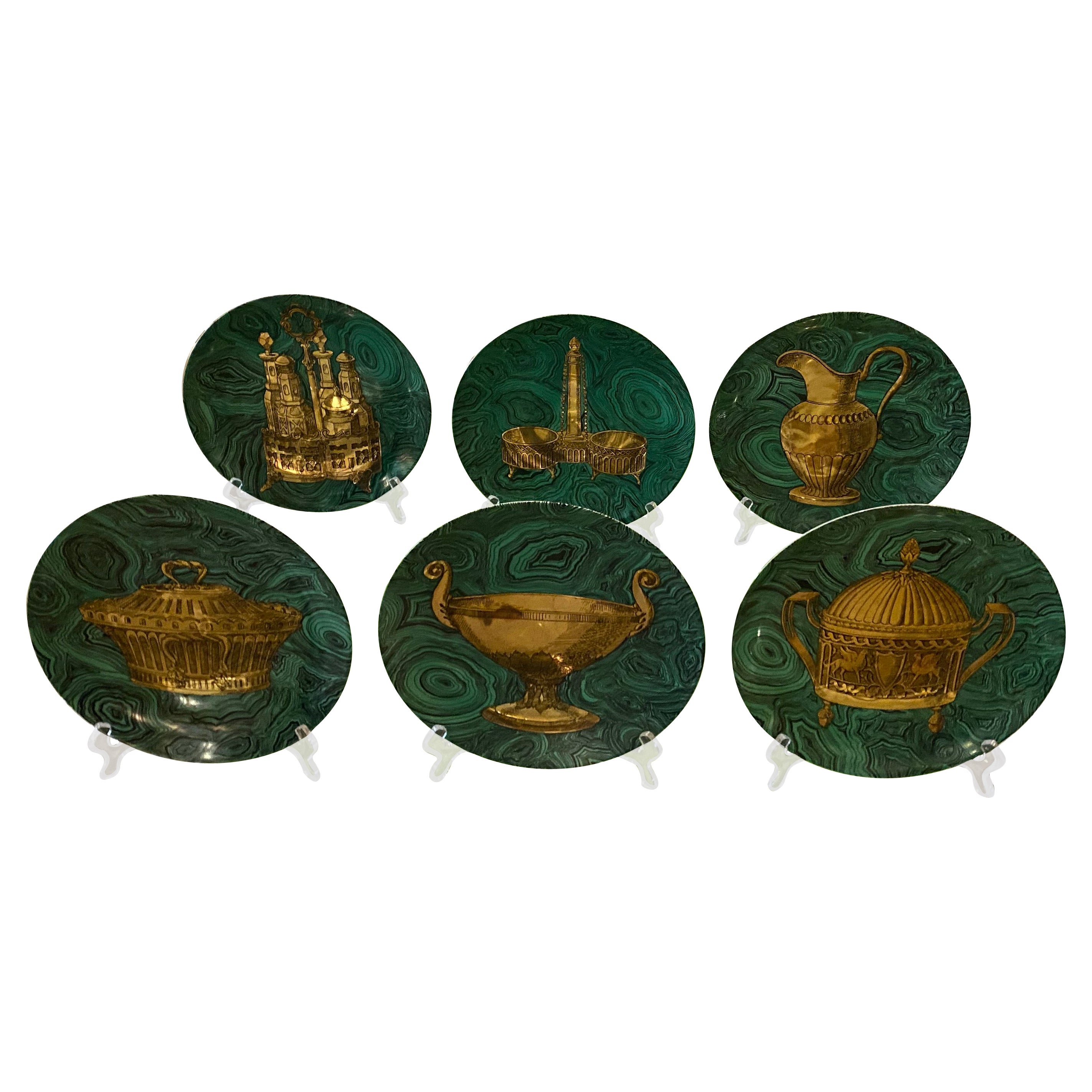 Vintage 1955 Piero Fornasetti Set of 6 Malachite Green & Gold Plates