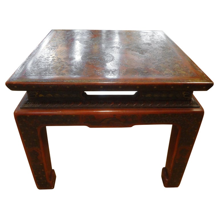 Asian Modern John Widdicomb Square Lacquered Table with Incised Decoration For Sale