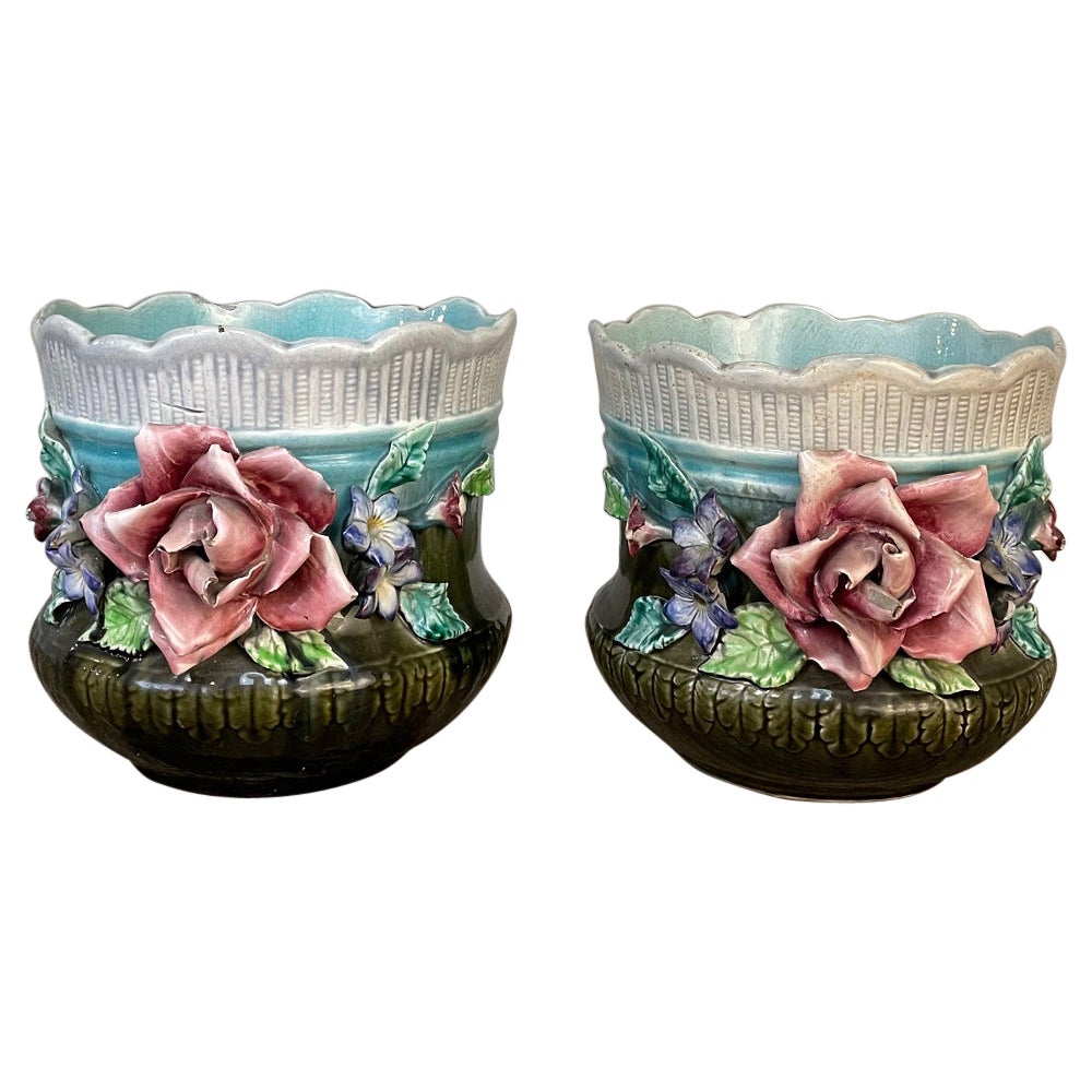 Pair 19th Century French Faience Barbotine Jardinieres, Cachet Pots For Sale