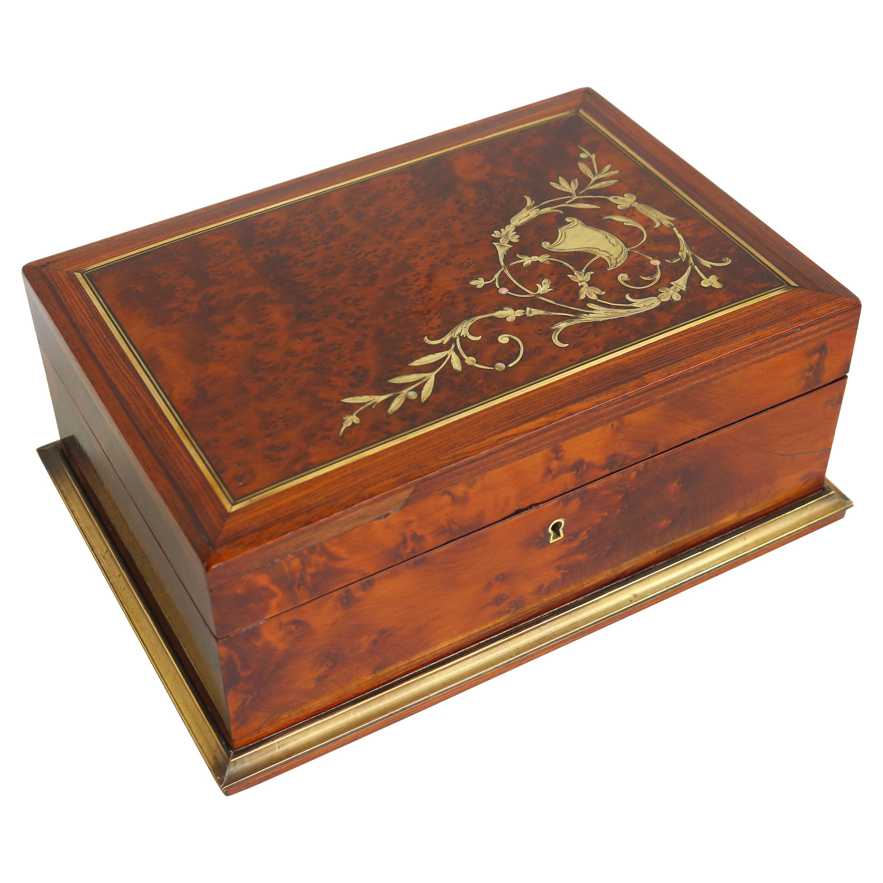 Gorgeous French Jewelry Box Napoleon III 19th Century Burl Wood Brass Inlaid