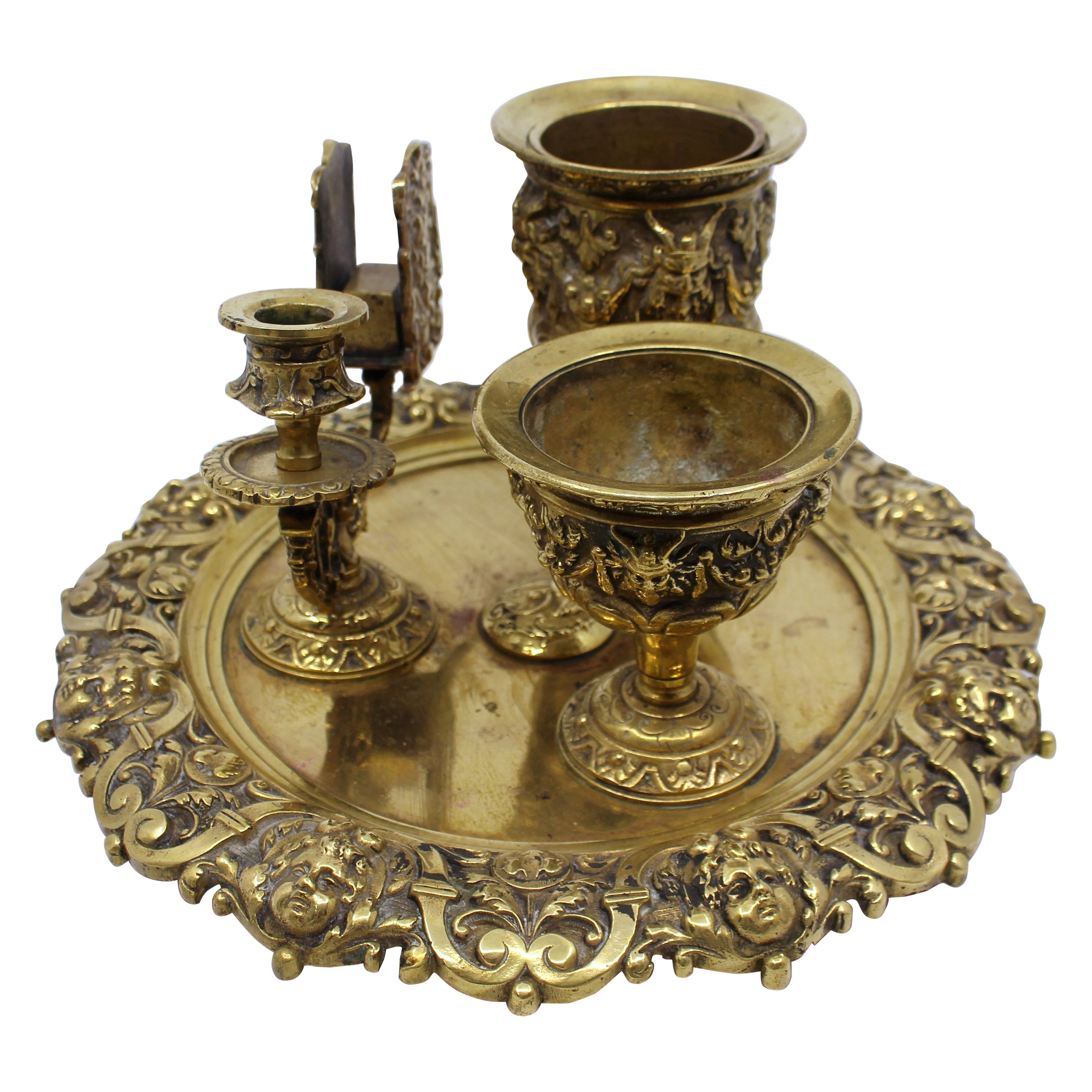 19th c. English Brass Inkwell & Writing Desk Set, c.1880