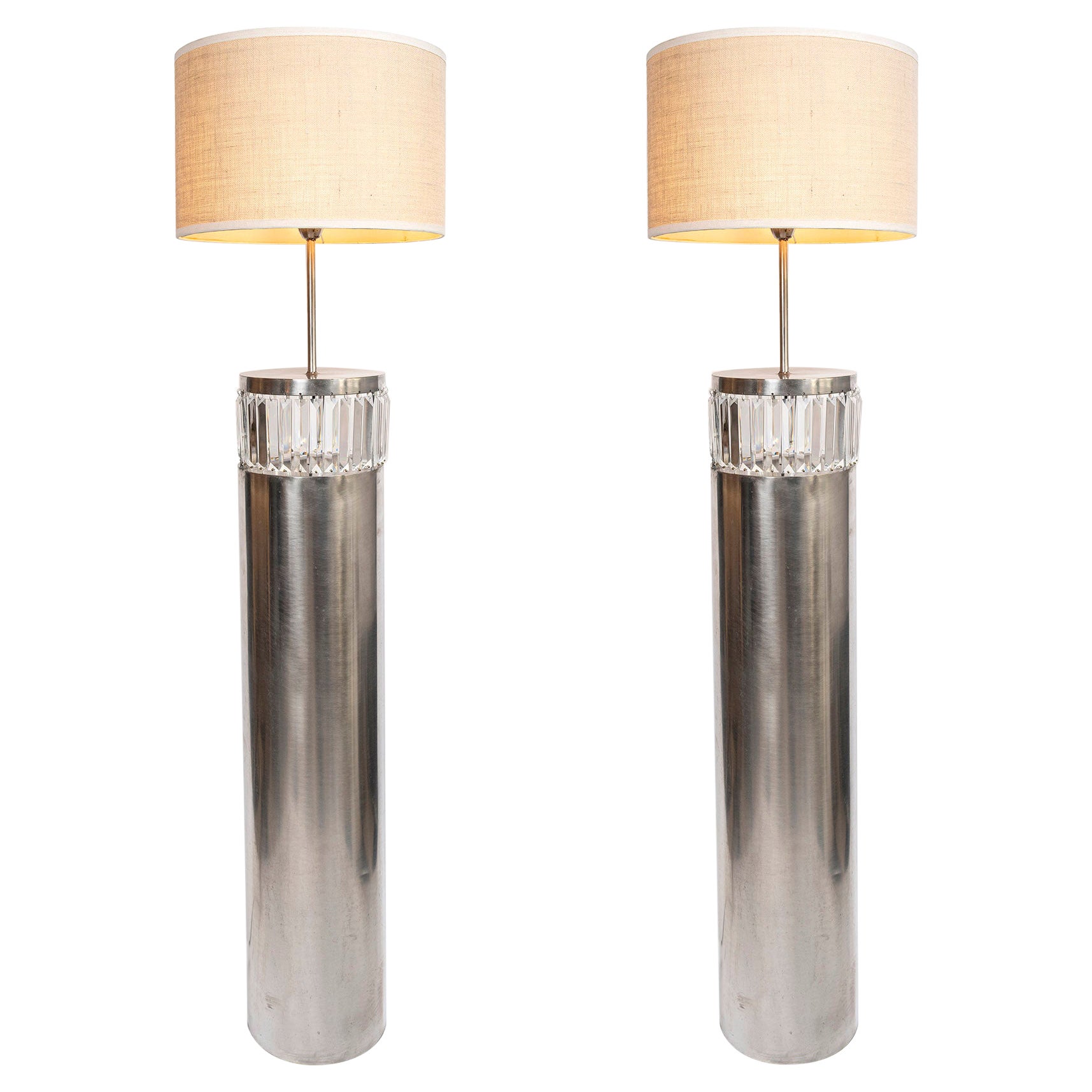 Pair of Chrome Iron and Crystal Floor Lamps, Argentina, 1990