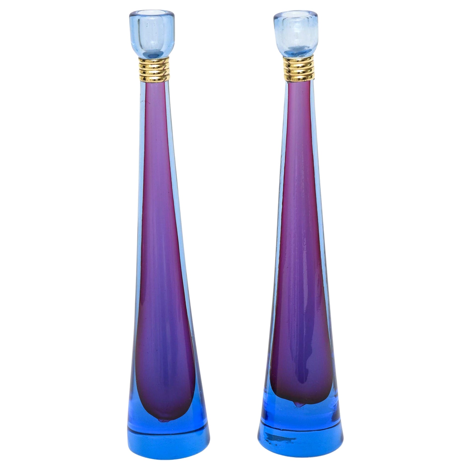 Murano Purple, Blue Sommerso Glass Candlesticks with Brass Banding Midcentury