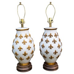 Vintage Pair of Large Ceramic Fleur De Lis Lamps