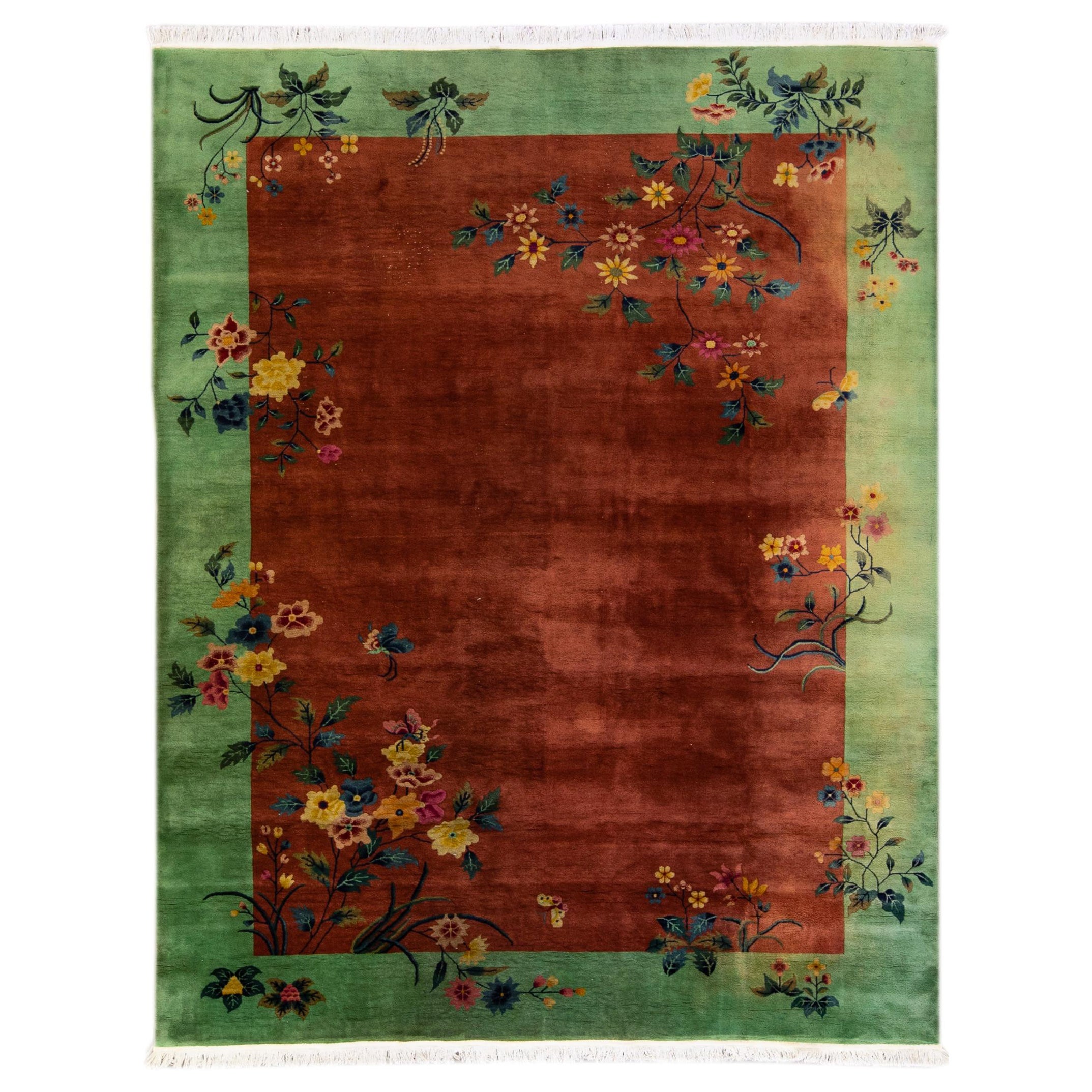 Antique Art Deco Handmade Floral Chinese Green and Brown Wool Rug For Sale
