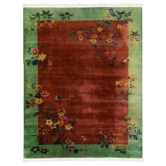 Vintage Art Deco Handmade Floral Chinese Green and Brown Wool Rug