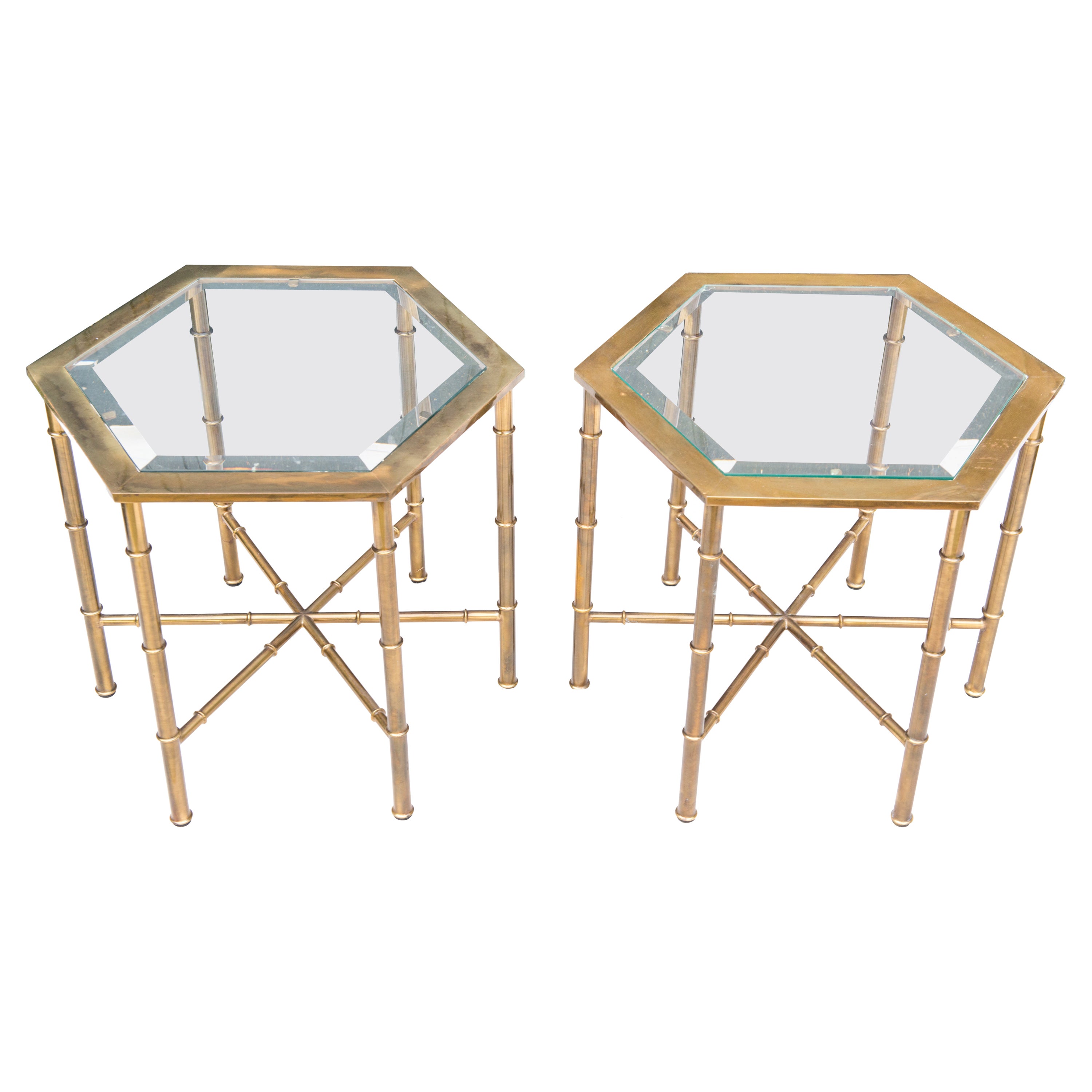 Pair of Solid Brass Faux Bamboo Mastercraft Hexagonal Side Tables