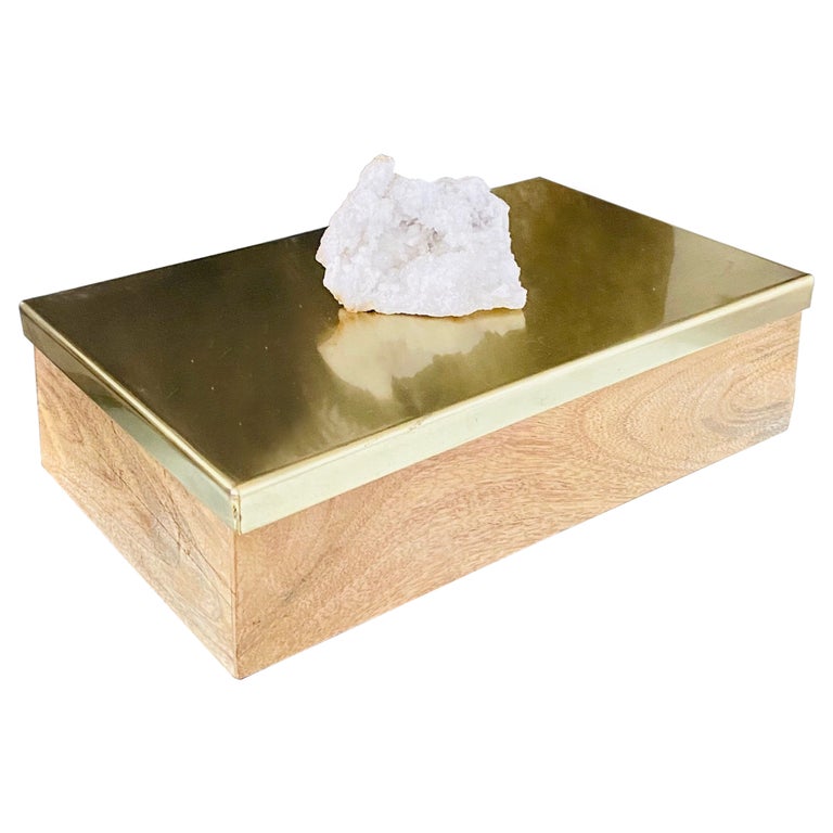 Vintage Brass and Wood Decorative Box with Large Quartz Crystal Stone, Brazil For Sale