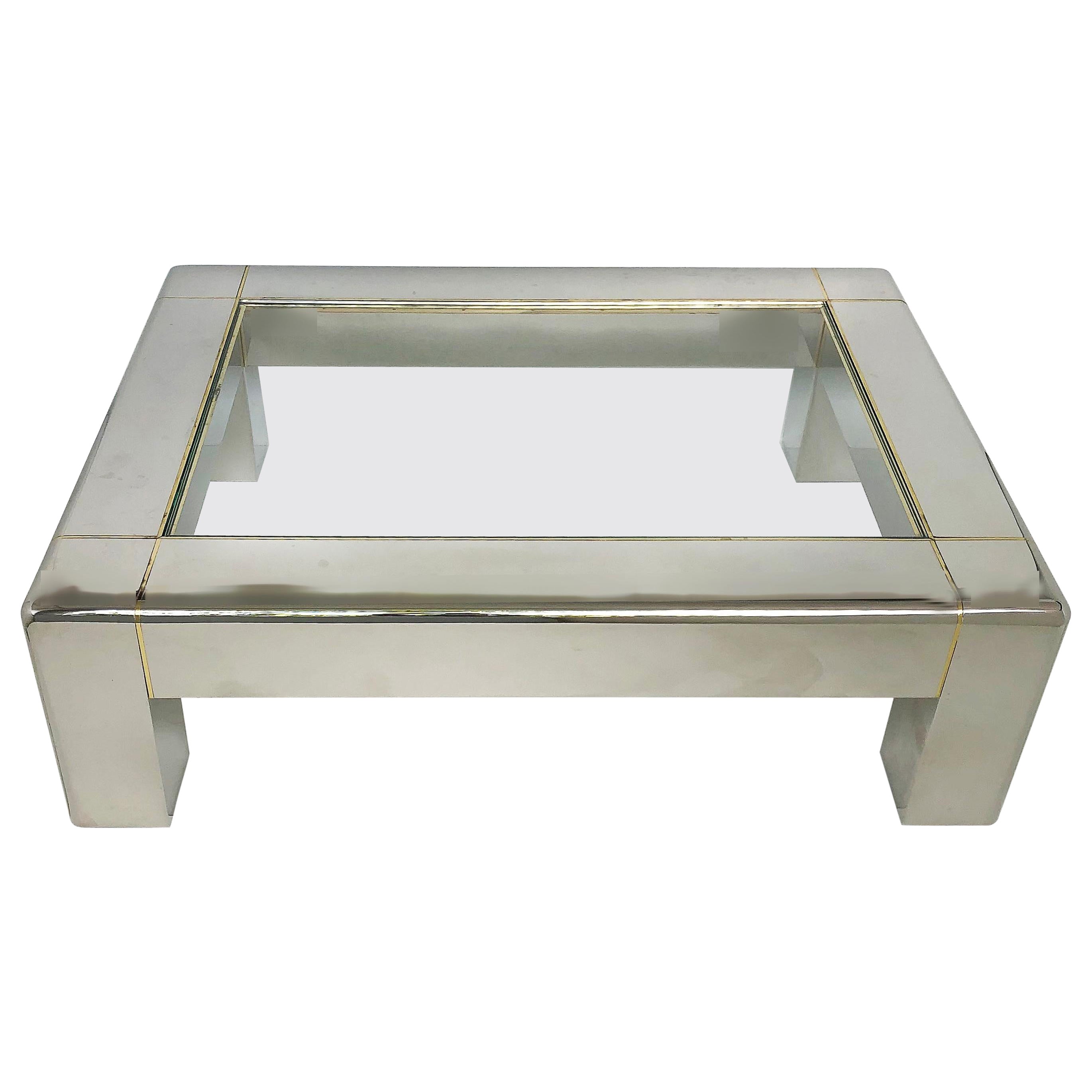 Karl Springer Stainless Steel Coffee Table with Brass and Glass Top