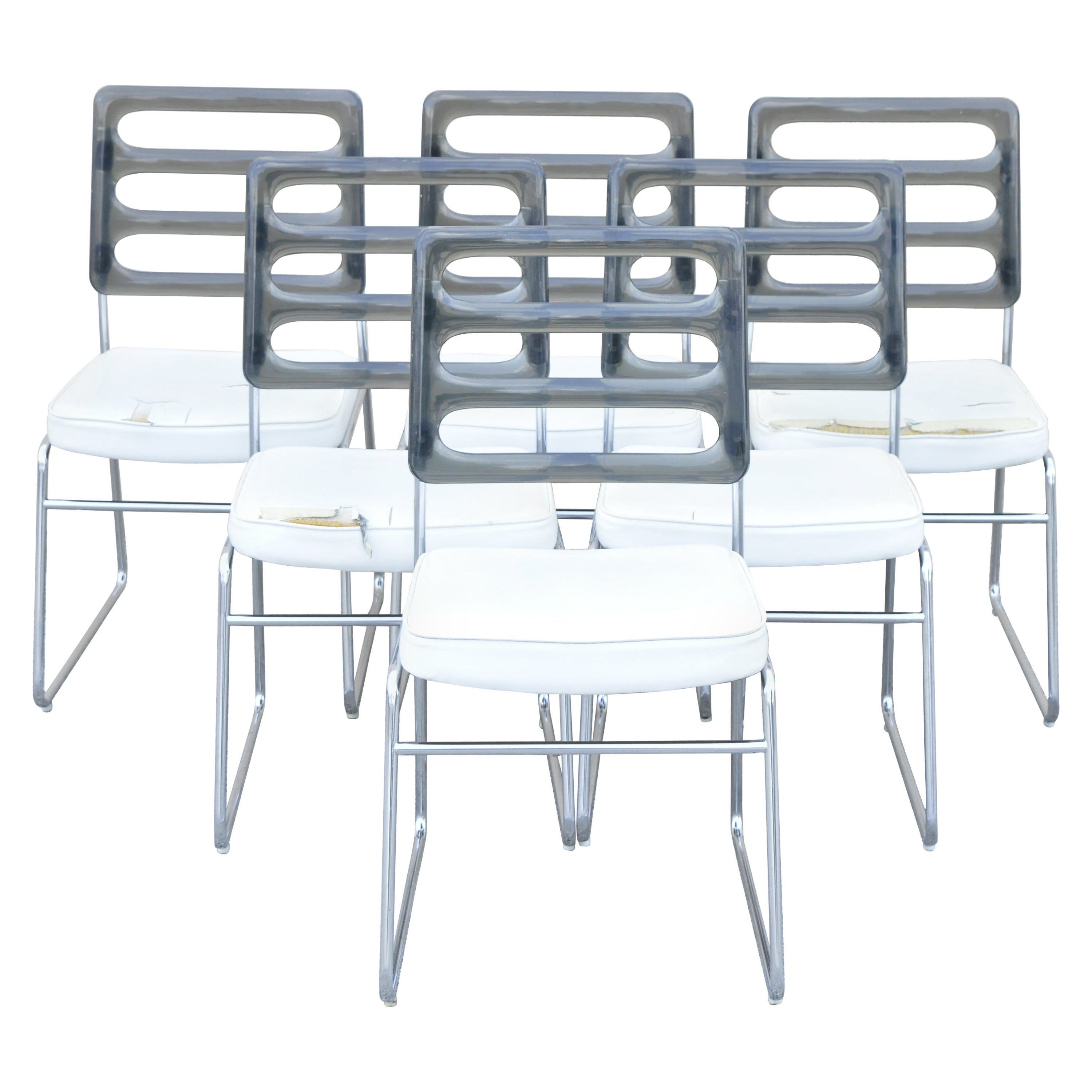 Mid Century Smoked Lucite Back Chrome Frame Base Dining Chairs, Set of 6 For Sale