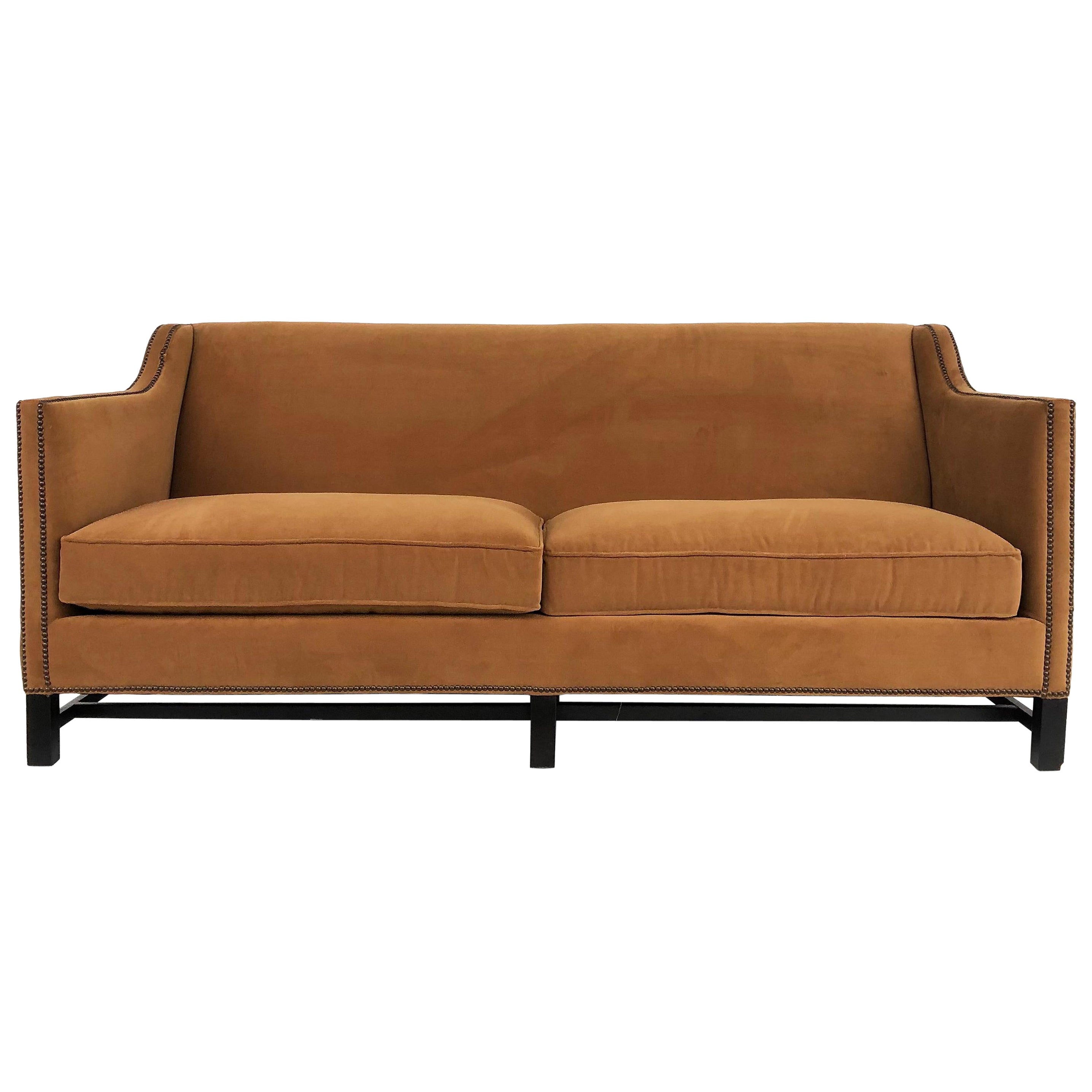 Bernhardt Furniture Mohair Sofa with Bronze Nailheads and Poly/Down Cushions