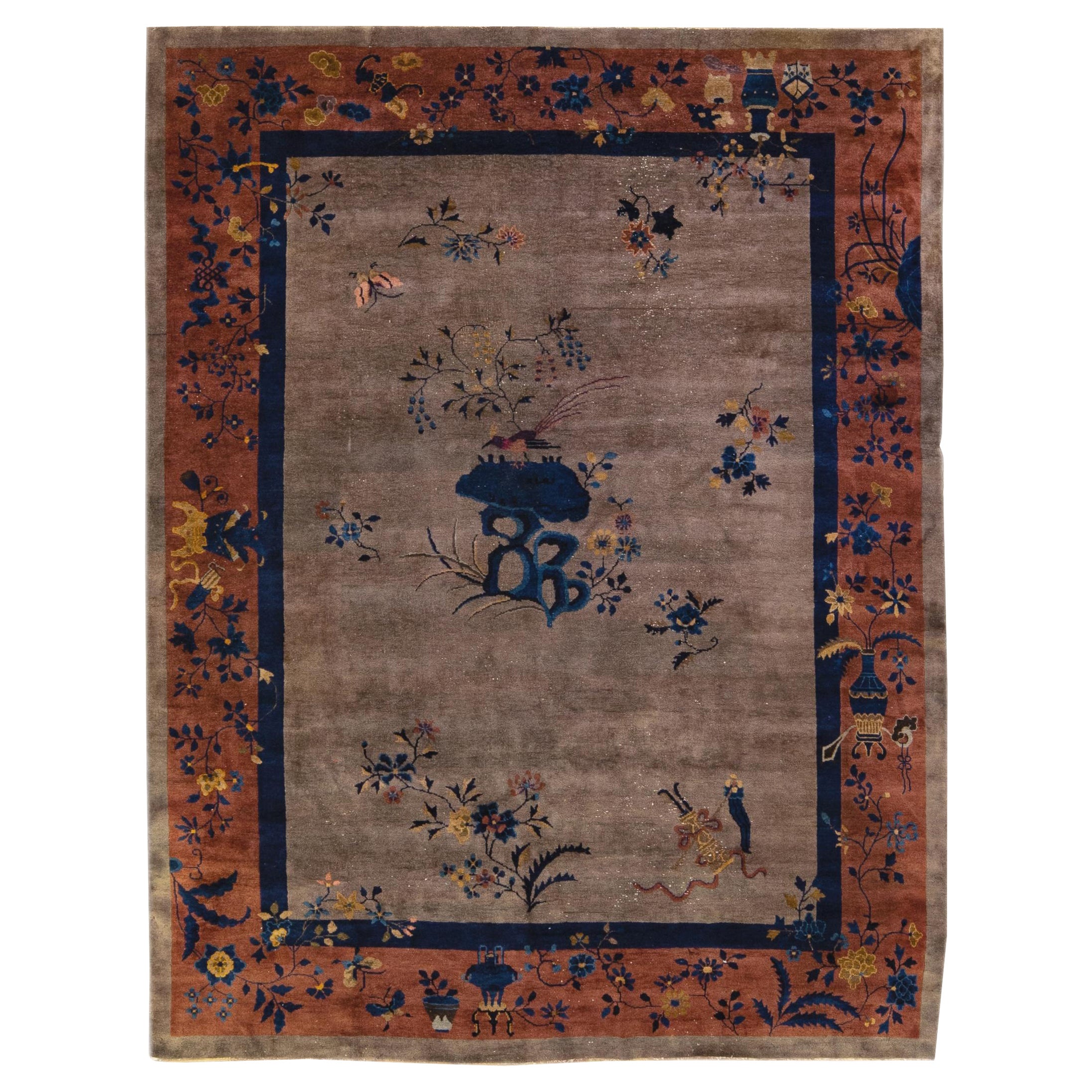 Antiker handgefertigter Wollteppich mit chinesischem Blumenmotiv im Art déco-Stil im Angebot