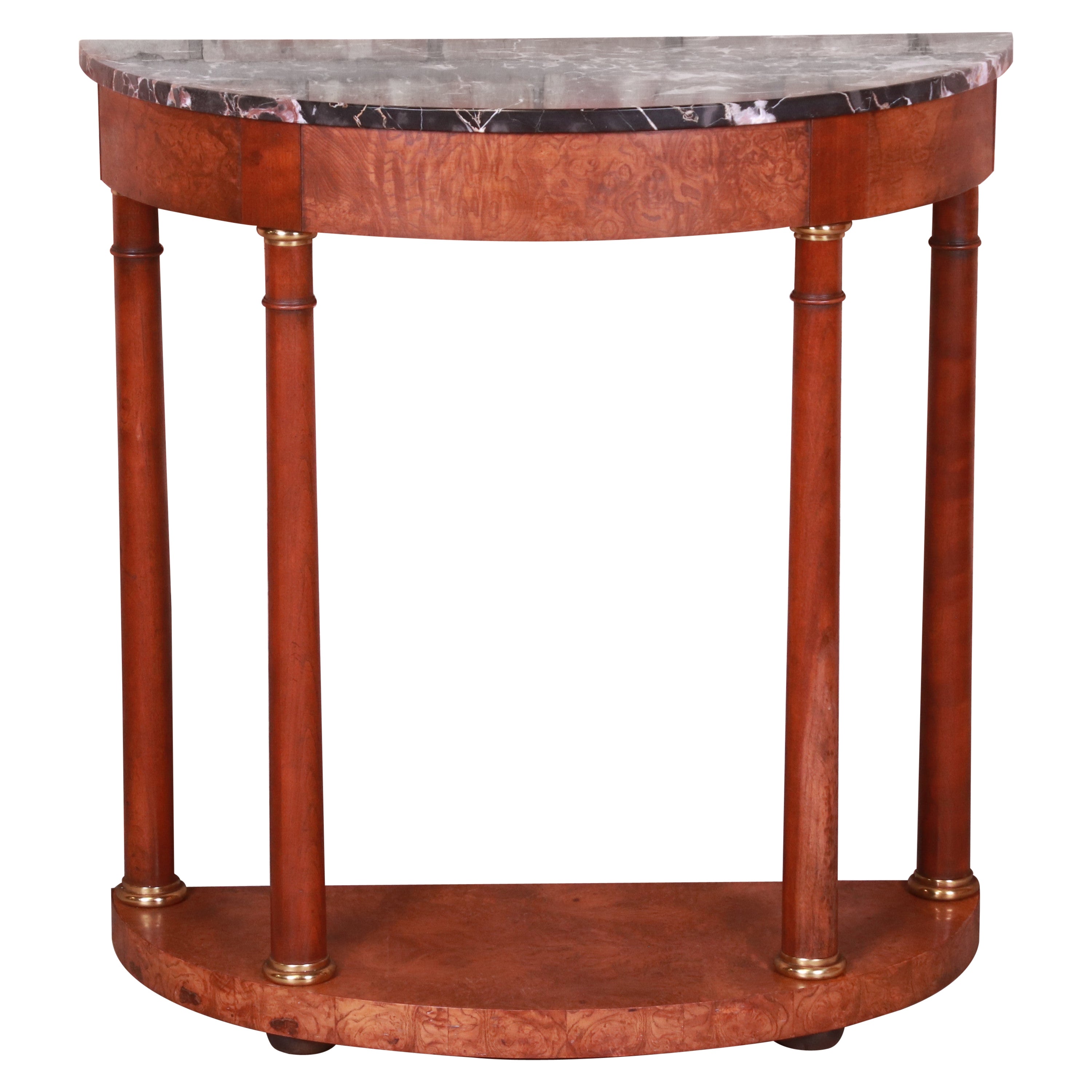 Baker Furniture Empire Burl Wood Marble Top Demilune Console Table