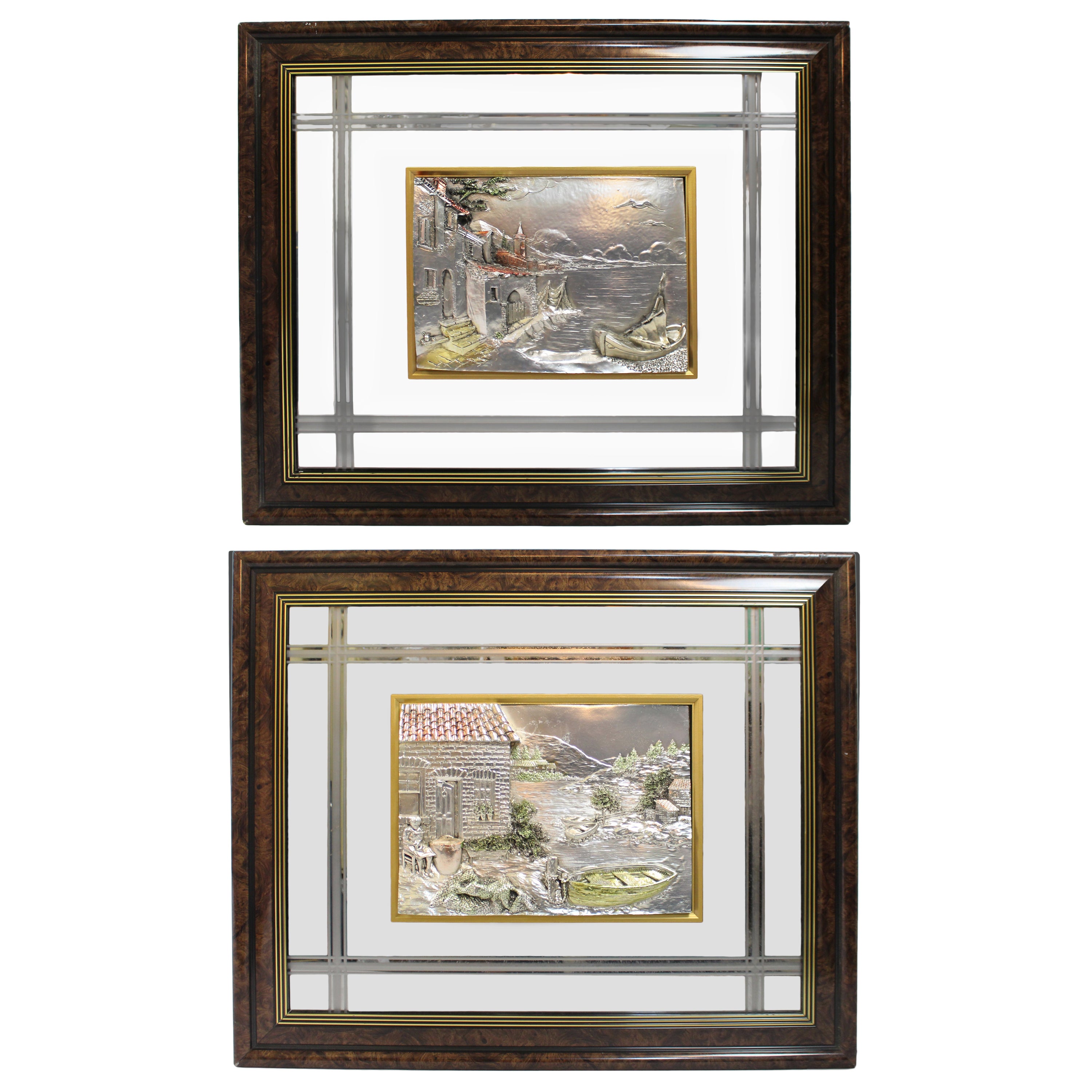 Pair of Large Creazioni Artistiche Relief Silver Artworks Framed For Sale