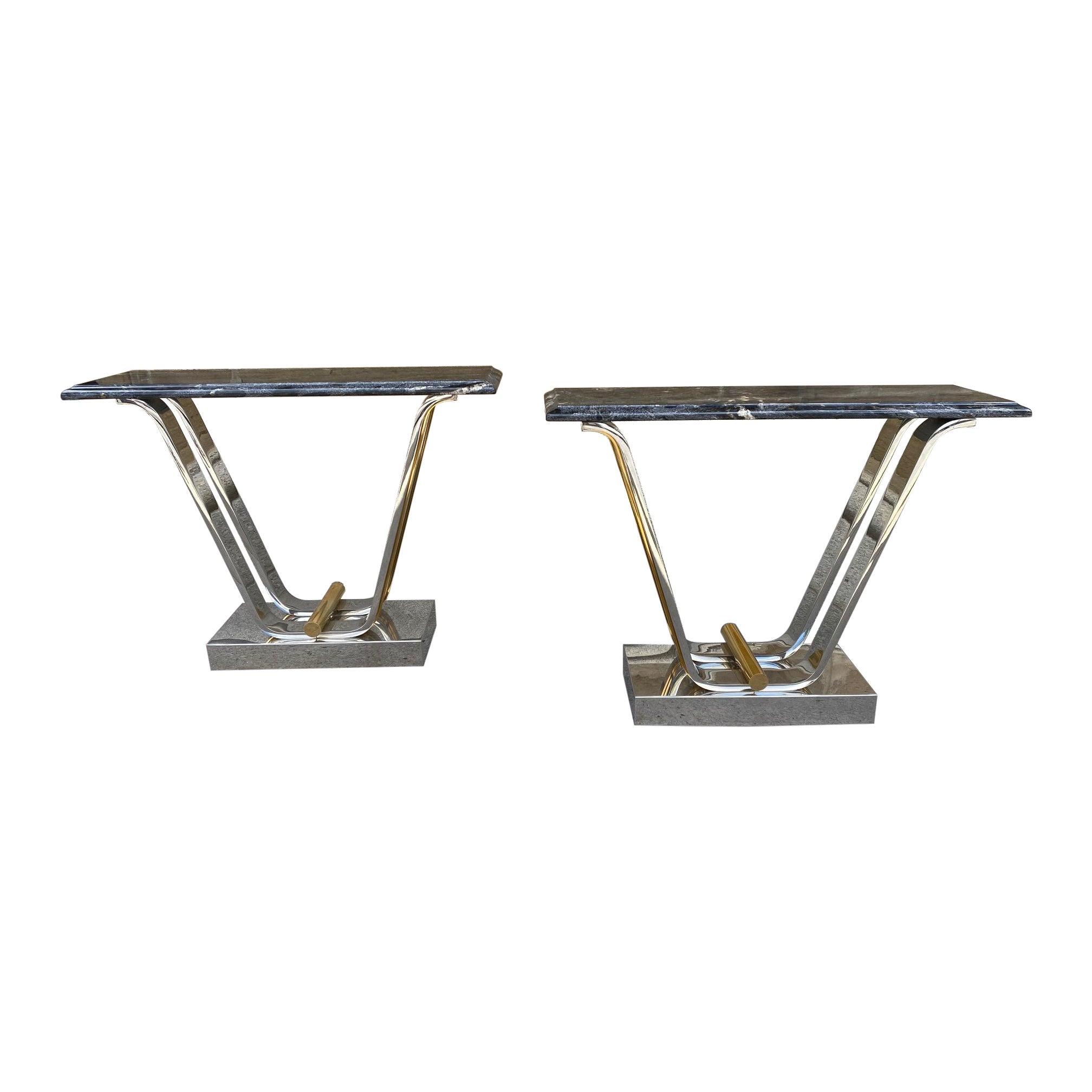 Fine Pair of Chromed Steel and Polished Brass Console Tables By Karl Springer For Sale