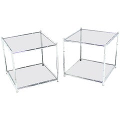 Pair of Cube Shape Chrome Faux Bamboo Frame End Tables Smoked Glass Top