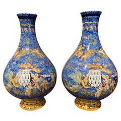 Antique Pair of 19th Century French Hand Painted Faience Porquier-Beau Baluster Vases