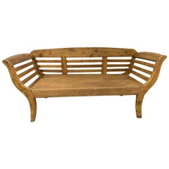Antique Teak Settee or Bench with Slatted Back, Arms and Cushion