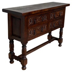19th Century Catalan Spanish Carved Walnut Console Sofa Table, Four Drawers
