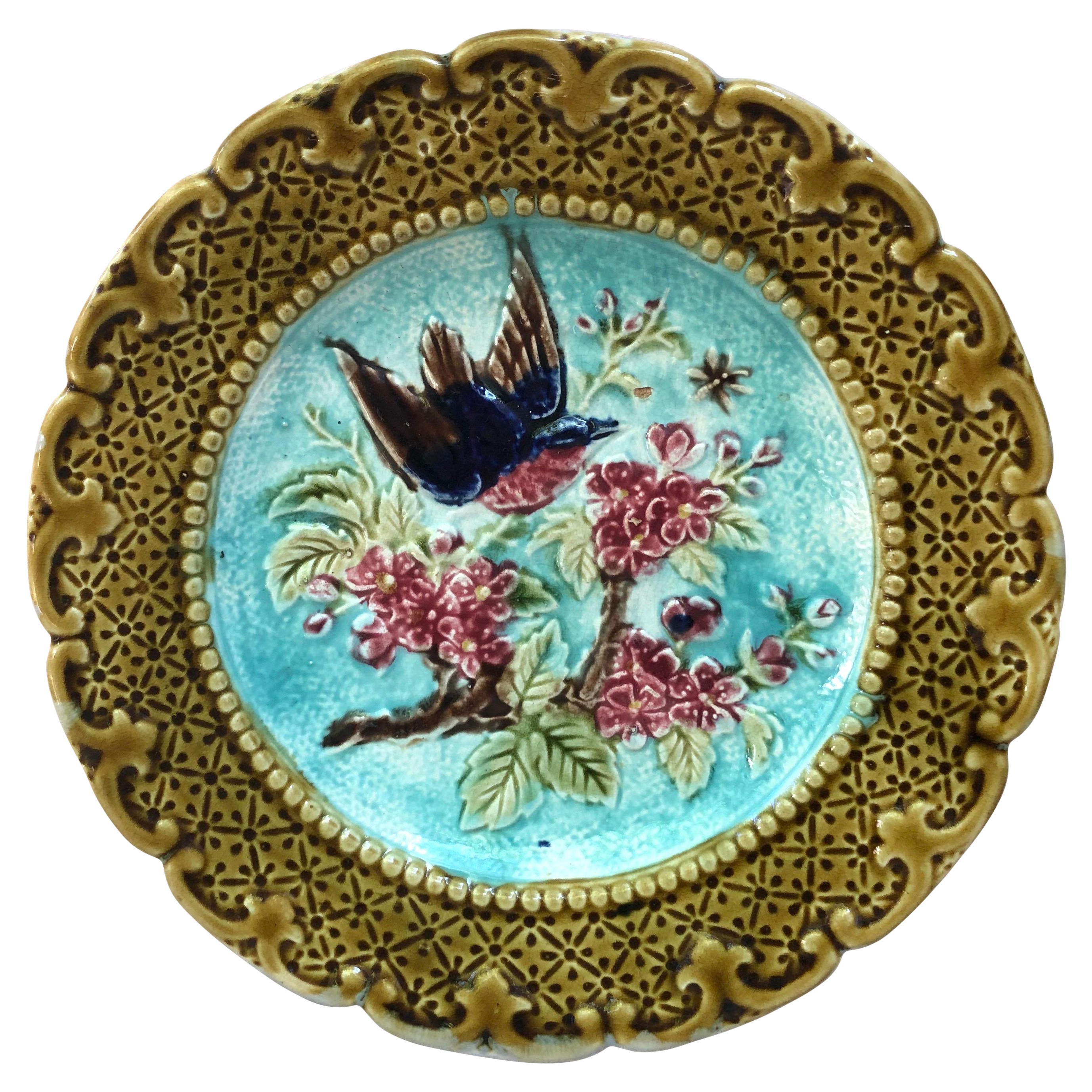 French Majolica Bird & Flower Plate, Circa 1890