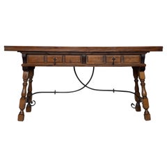 20th Century Spanish Console Fold Out Table with Iron Stretcher and Two Drawers