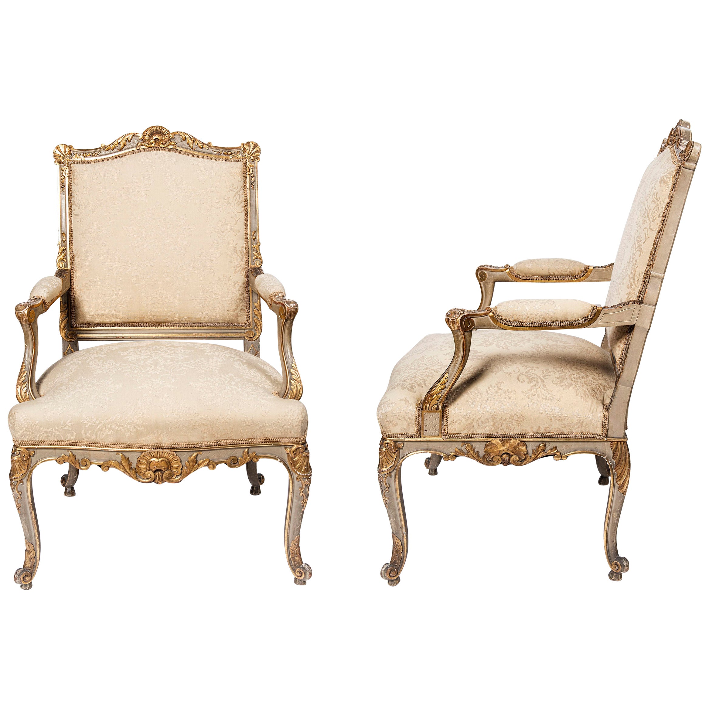 Pair of Patinated Wood and Gold Leaf Armchairs by Maison Forest, France For Sale