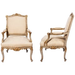 Pair of Patinated Wood and Gold Leaf Armchairs by Maison Forest, France