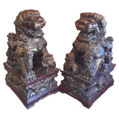 Pair of Large Vintage Chinese Hand Carved Gold Giltwood Foo Dogs