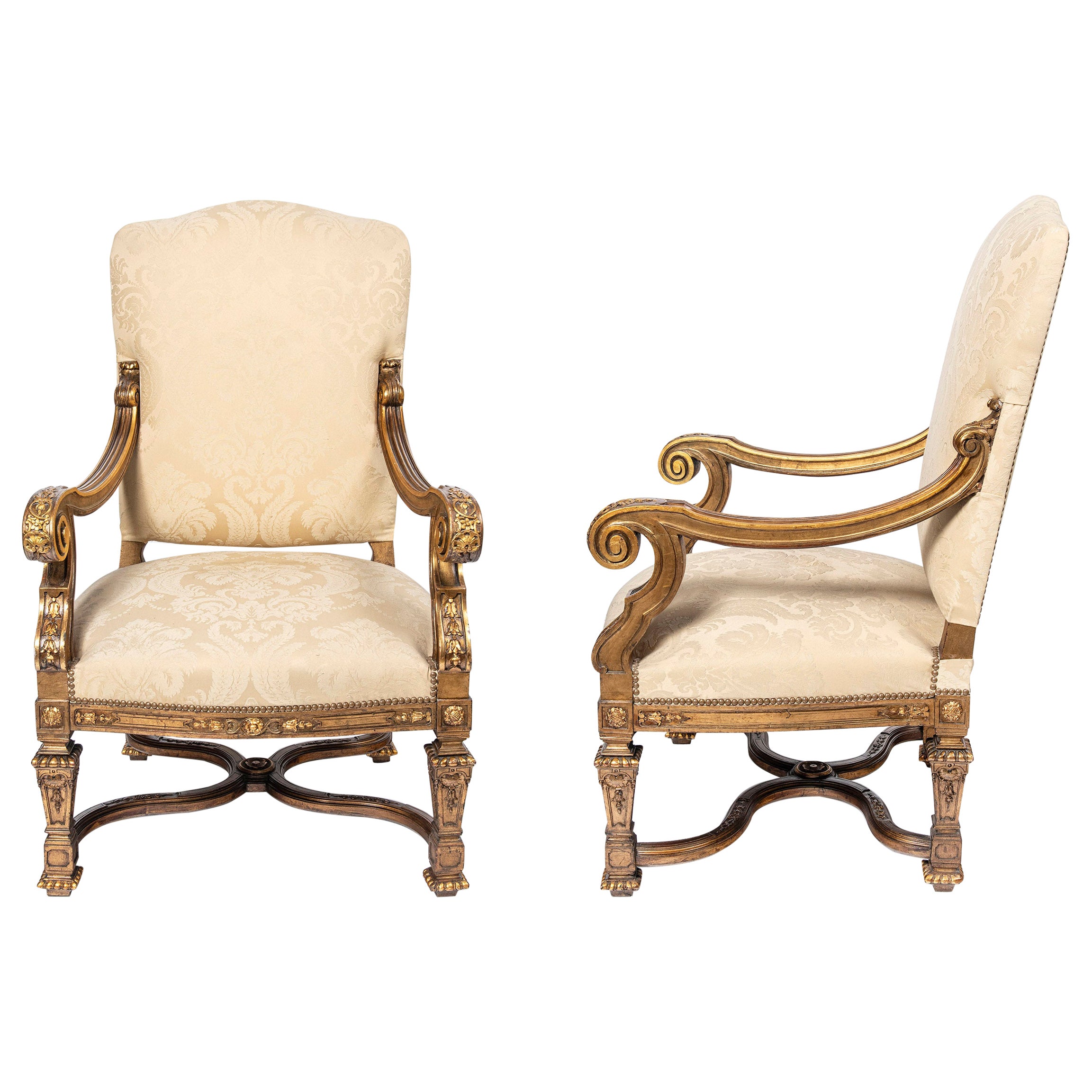 Pair of Wood and Gold Leaf Armchairs by Maison Forest, France