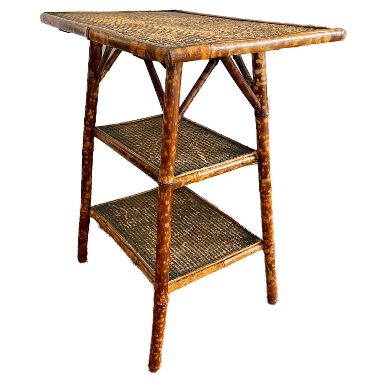 Antique Tortoise Shell Bamboo and Woven Rice Mat Side Table