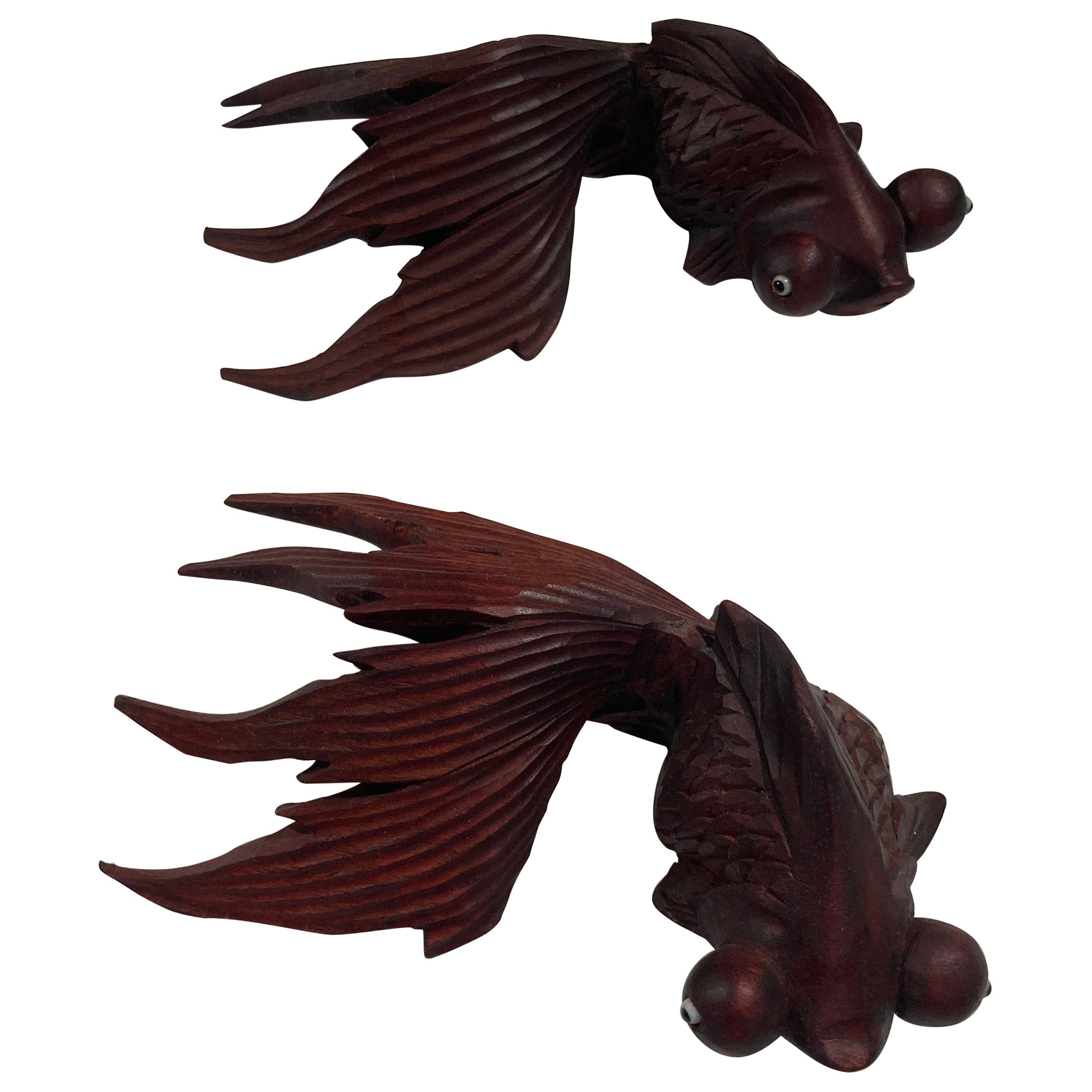 Hand Carved Japanese Rosewood Koi Fish Sculptures