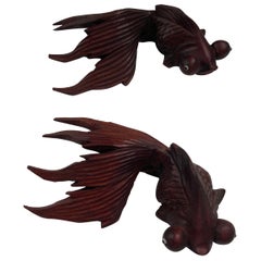 Hand Carved Japanese Rosewood Koi Fish Sculptures
