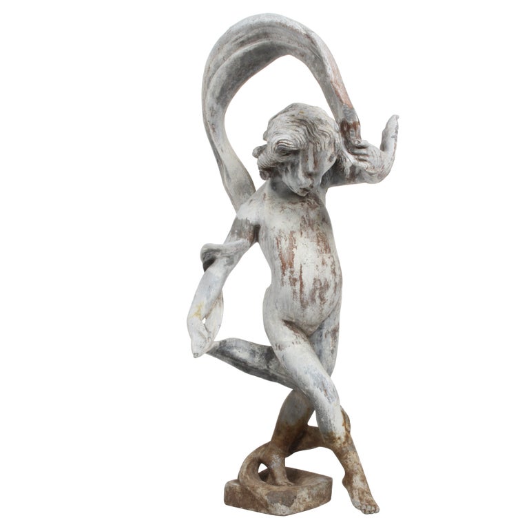 Antique Lead Garden Sculpture of a Dancing Putti or Cherub with Ribbon For Sale