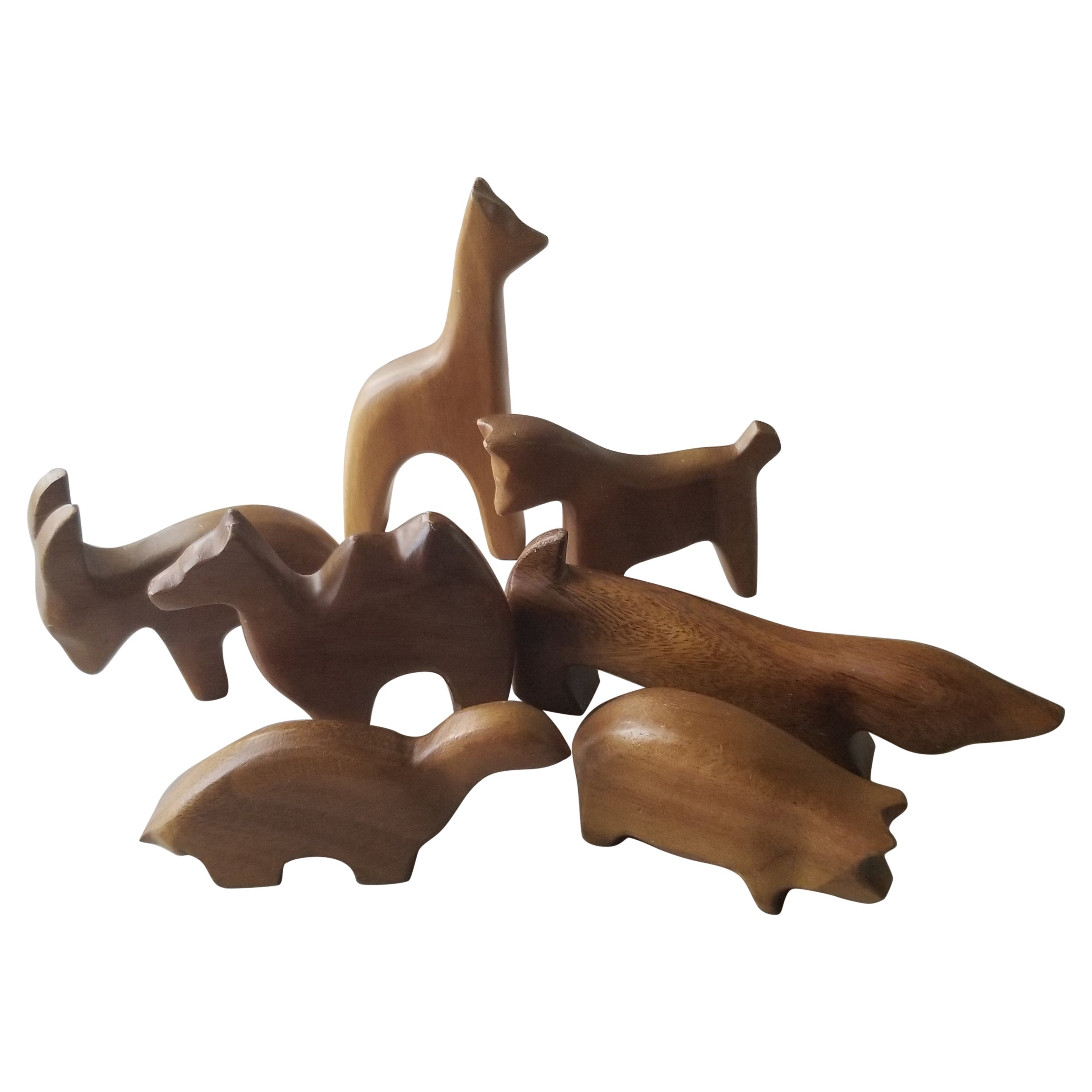 Scandinavian Modern 1950s Vintage Carved Wood Animal Collection Set of 7 Norway