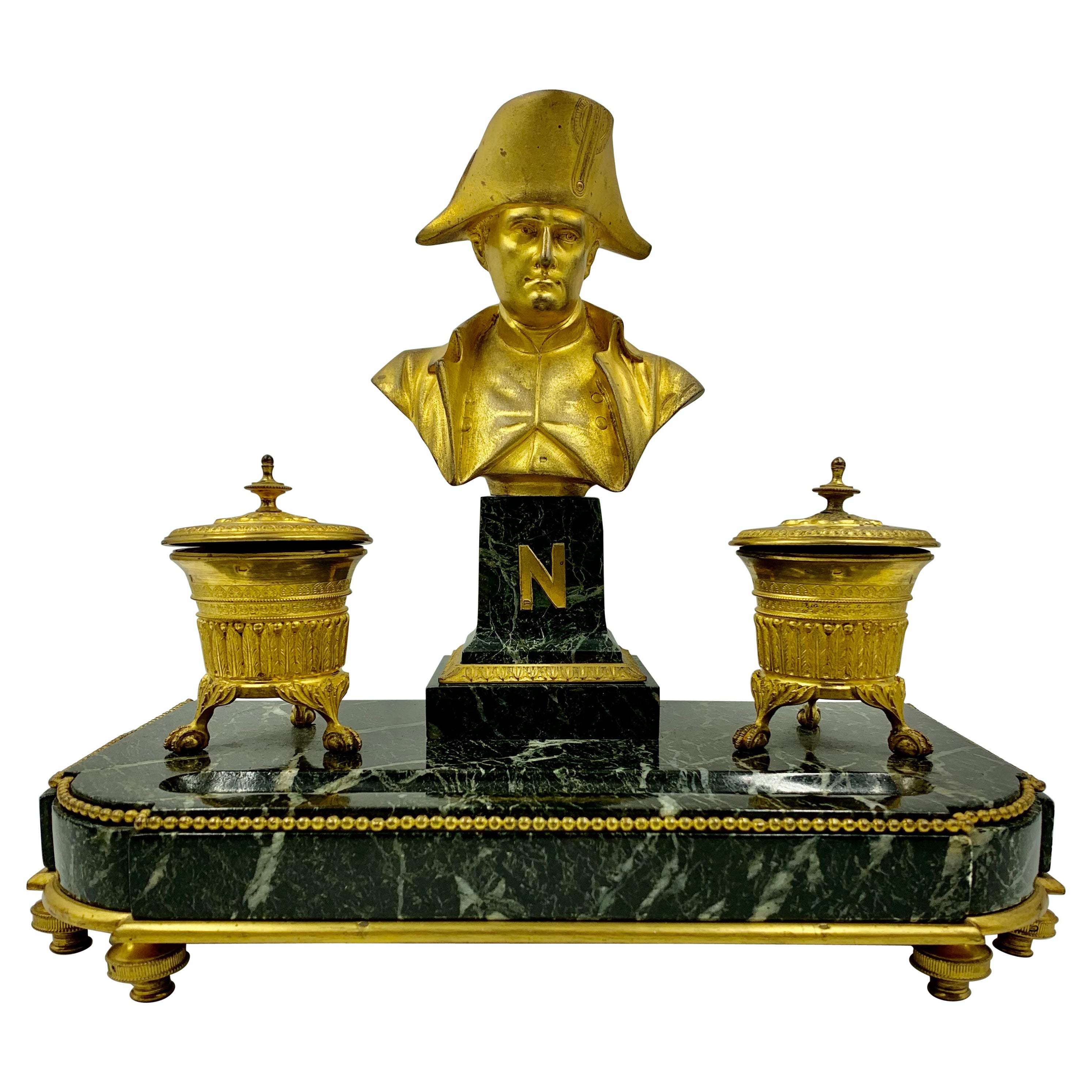 Napoleon I Empire Encrier, Gilt Bronze and Verde Antico, Signed Basil, 1830 For Sale
