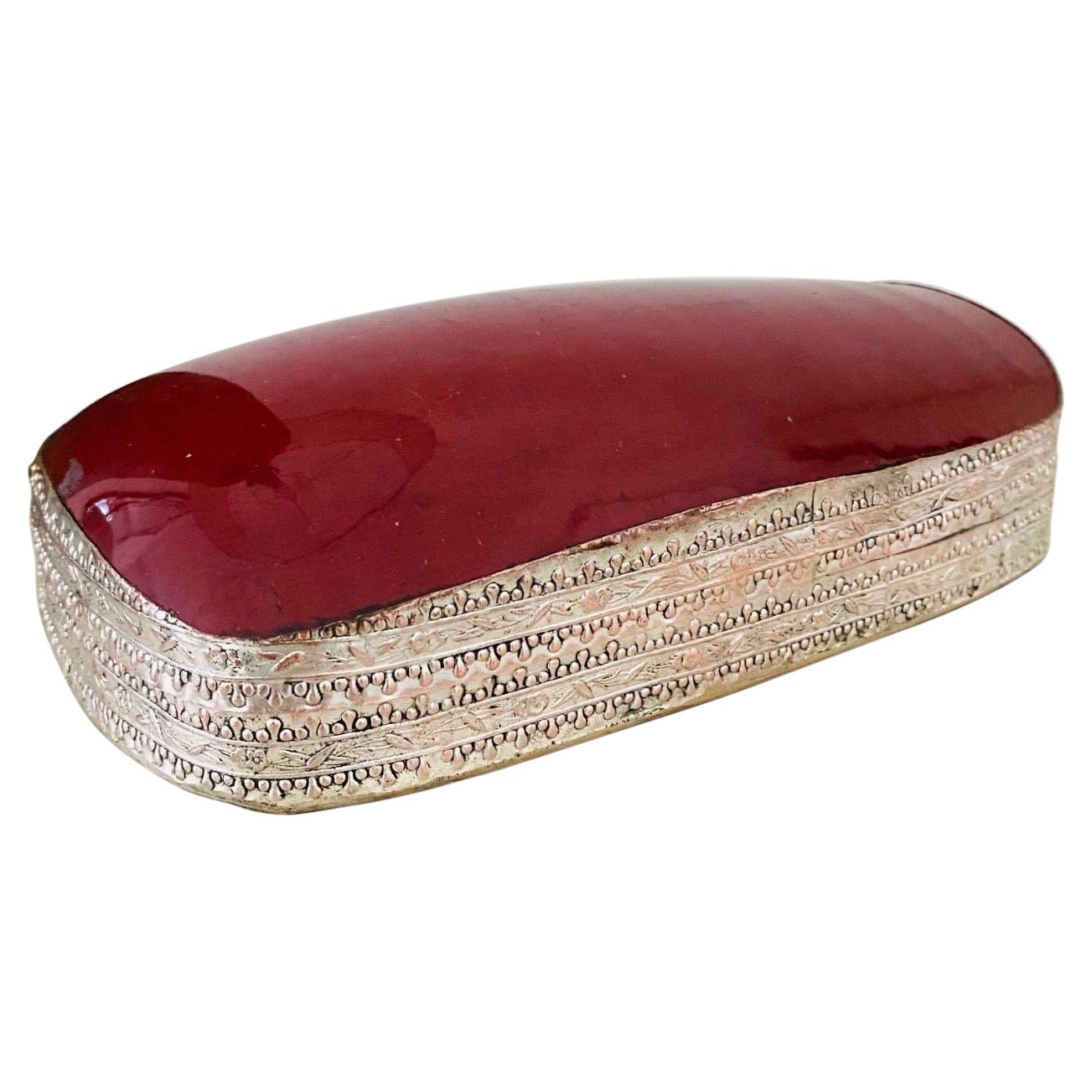 Silver Trinket Box with Antique Oxblood Porcelain Inset, Chinese circa 1945