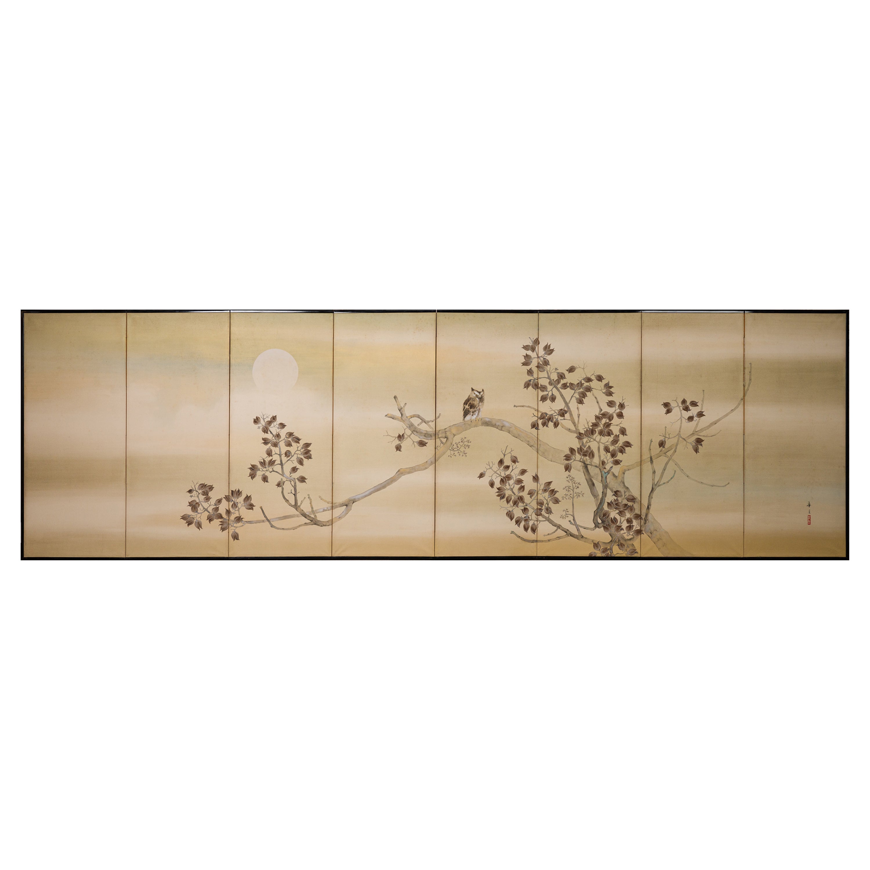 Japanese Eight Panel Screen Owl in a Moonlit Landscape For Sale