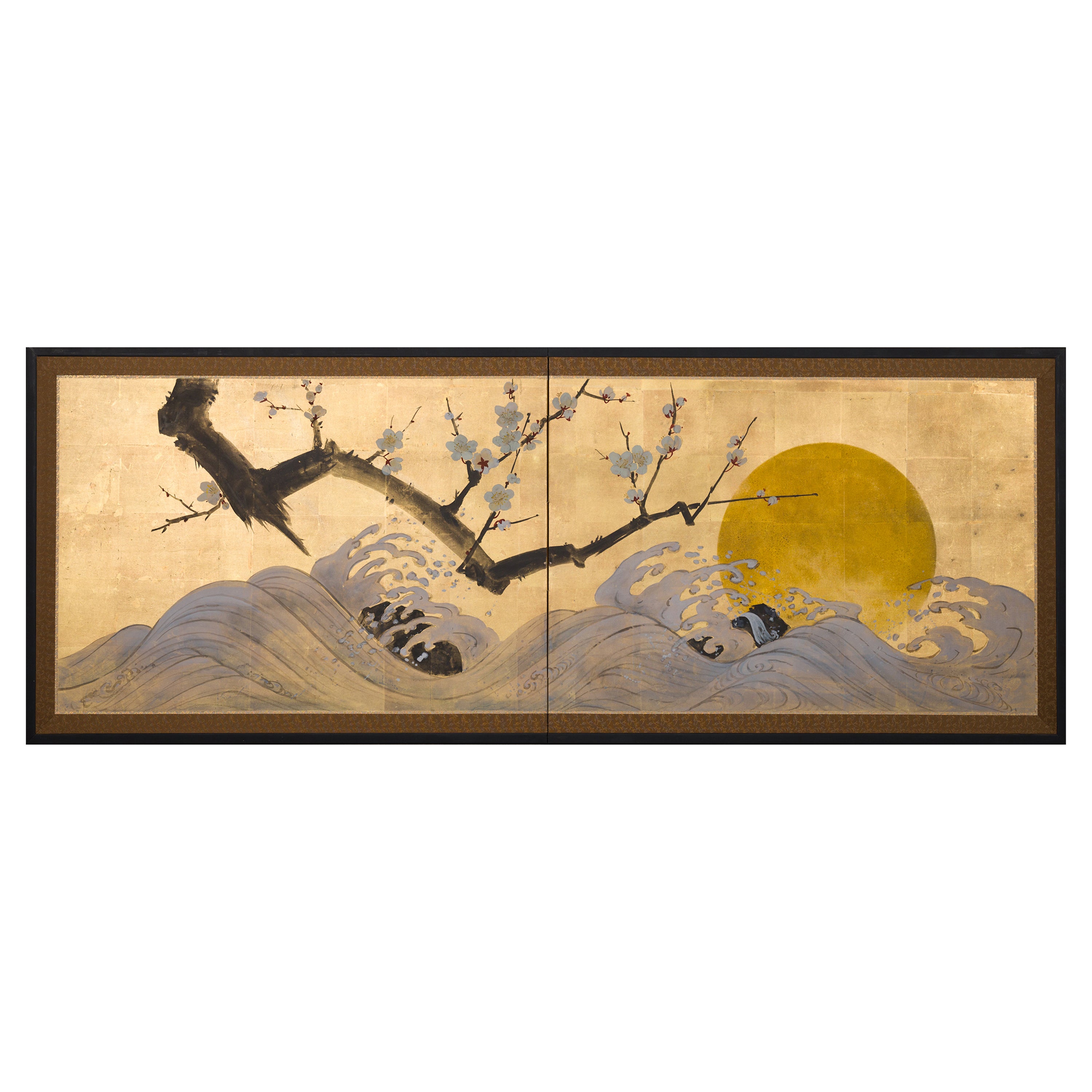 Japanese Two Panel Screen Ocean Landscape, Rising Sun and Plum Branch