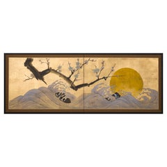 Japanese Two Panel Screen Ocean Landscape, Rising Sun and Plum Branch