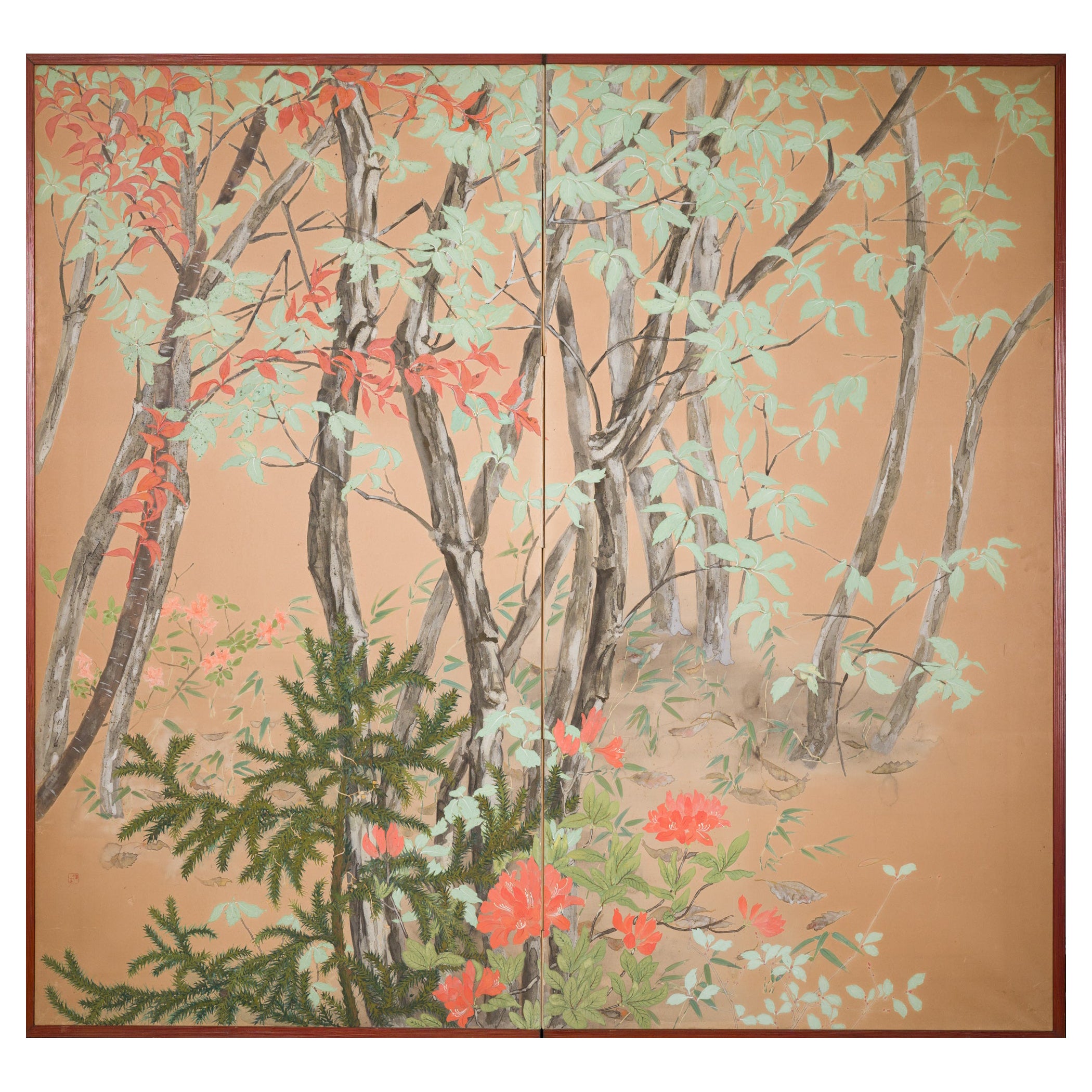 Japanese Two Panel Screen Beautifully Colored, Wooded and Floral Landscape