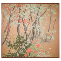 Vintage Japanese Two Panel Screen Beautifully Colored, Wooded and Floral Landscape