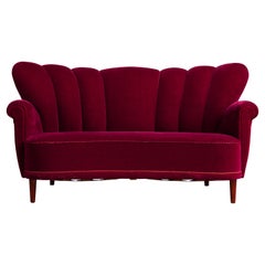 Danish 1940s Channel Back Banana Form Curved Loveseat or Settee in Red Mohair