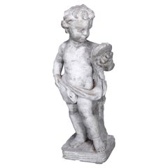 Vintage Neoclassical Figural Cast Hard Stone Garden Statue, Cherub with Mirror, 20th C