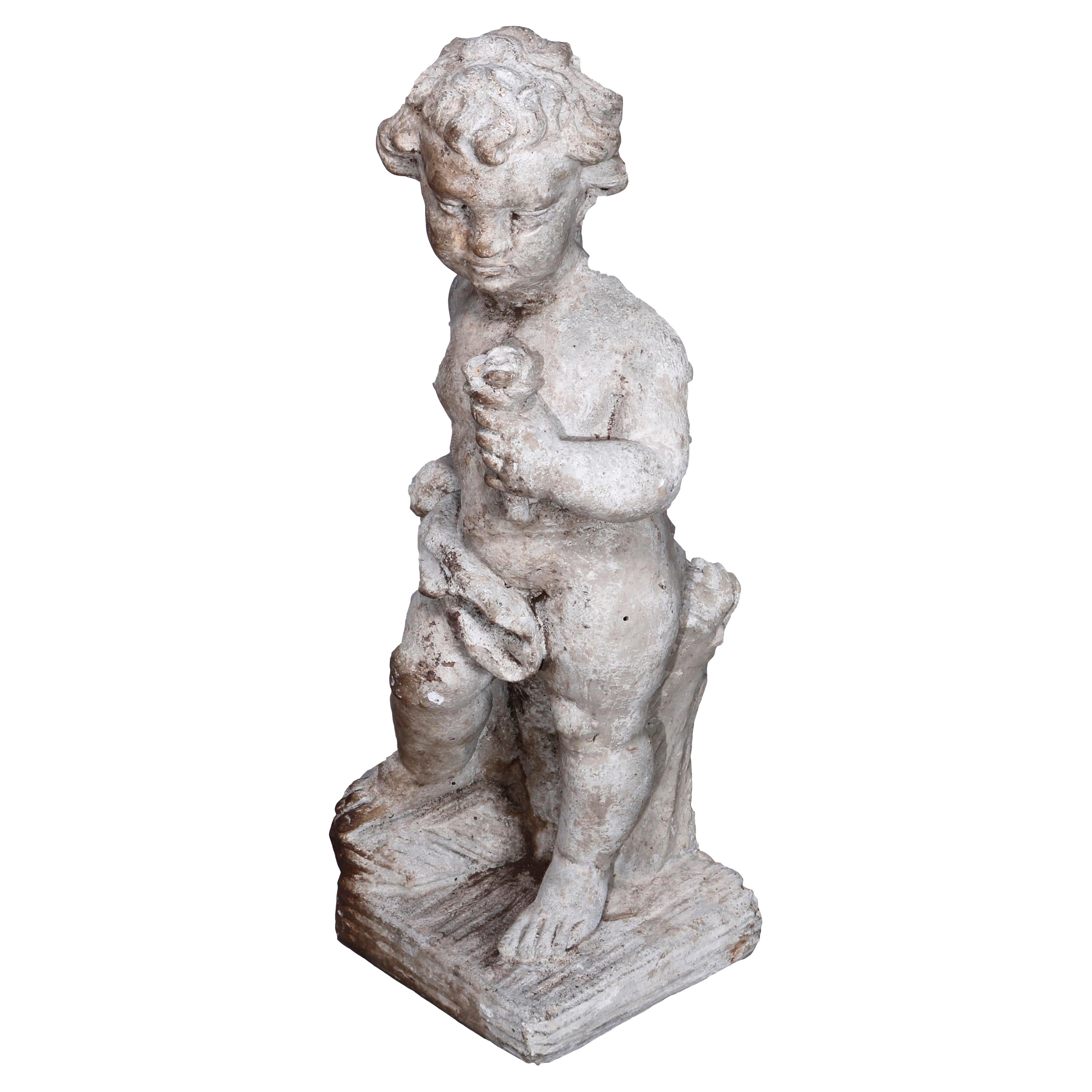 Neoclassical Figural Cast Hard Stone Garden Statue, Cherub with Flower, 20th C