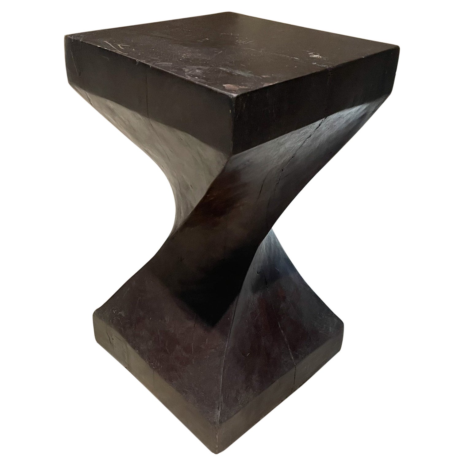 1970s Sculptural French Club Stool Modern Twist Solid Mahogany Block  For Sale
