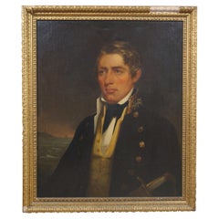 Antike 19. Jahrhundert Ölgemälde auf Brett Marineoffizier Portrait Maritim